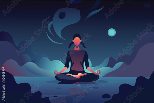 Find your zen with this stunning yoga illustration under the moonlight, perfect for wellness, meditation, and promoting a healthy lifestyle today