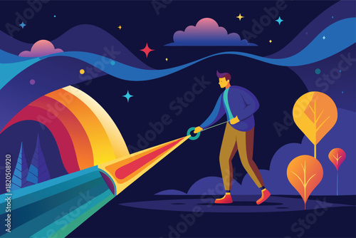 Whimsical night scene with man guiding light beam, vibrant colors and dreamy atmosphere, perfect for imaginative projects and creative storytelling, ideal for book covers