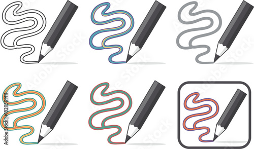 Pencil Drawing Colorful Wavy Lines and Outline in Six Variations creativity illustration