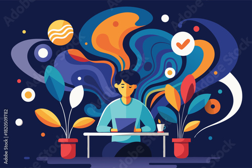 Creative professional working from home with laptop and plants, vibrant abstract background adds a modern touch for entrepreneurs and digital nomads