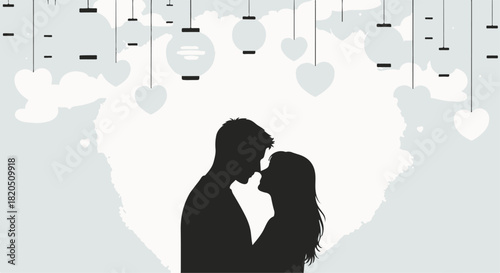 Romantic vector silhouette of loving couple kissing under heart shape and decorative lanterns isolated PNG with Transparent Background