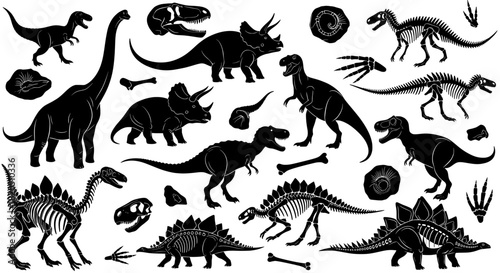 Dinosaur silhouettes and skeletons set