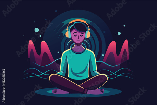 Find inner peace with guided meditation and calming music in a modern setting, perfect for mindfulness app or relaxing lifestyle promotion