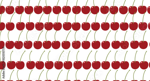 Simple and clean seamless pattern of red cherries with green stems arranged in orderly rows on a white background.