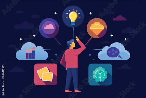 Creative thinker connecting ideas for innovation and growth in modern digital space, visualizing solutions with data, notes, and nature concepts