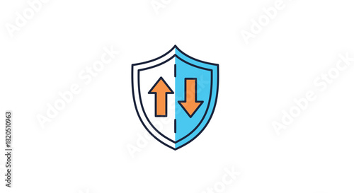 Modern icon of a shield with up and down arrows, symbolizing data transfer protection, secure connection, and network safety.
