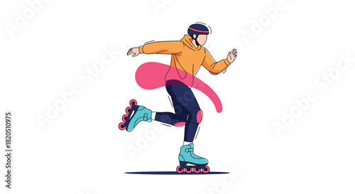 Dynamic illustration of a young person in a helmet and protective gear actively rollerblading against an abstract shape.