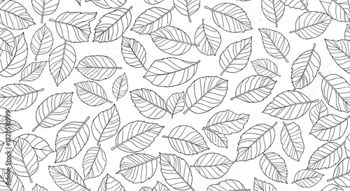 Seamless black and white pattern of scattered, hand-drawn leaves in a delicate dashed-line style for a natural background.