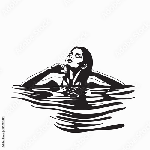 Woman Relaxing in Swimming Pool Silhouette Vector on white background