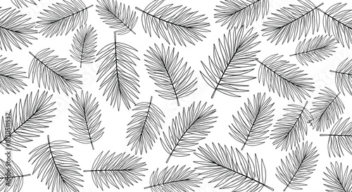 Seamless black and white pattern of scattered tropical palm leaves, hand-drawn in a delicate dashed line style.