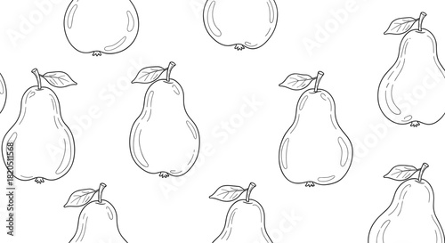 Simple seamless pattern with hand-drawn apples and pears in a clean black and white line art style for a minimalist background.