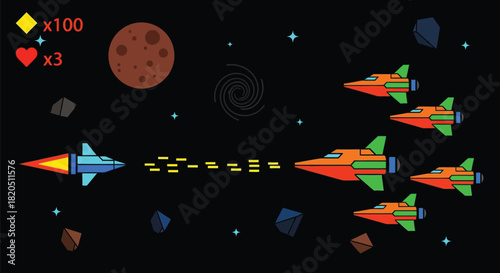 Space shooter game retro arcade style with spaceship and enemies