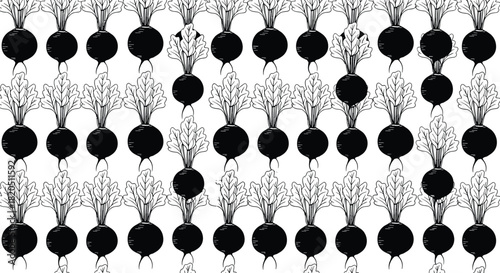Monochrome seamless pattern of beetroots with leaves, arranged in rows, in a bold black and white graphic style.