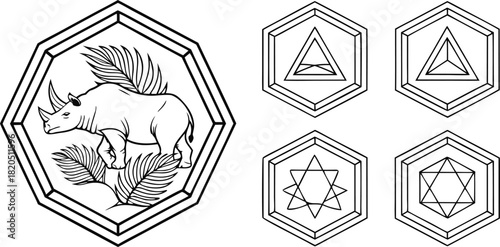 Rhinoceros Emblem with Geometric Symbols and Palm Leaves Keywords: rhinoceros, rhino, animal, wildlife, emblem, logo, symbol, geometric, polygon
