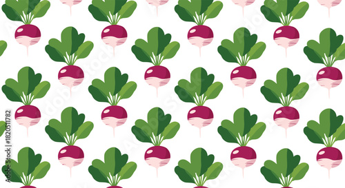 Simple and cute seamless pattern of purple turnips or radishes with green leaves, arranged in a grid on a white background.