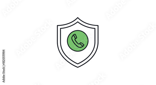 Modern icon showing a telephone handset inside a shield, symbolizing secure communication, call safety, and spam protection.