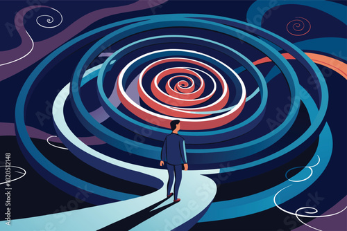 Man facing abstract spiral, ready to embark on a journey of self-discovery and career advancement into the unknown, seeking growth and new opportunities