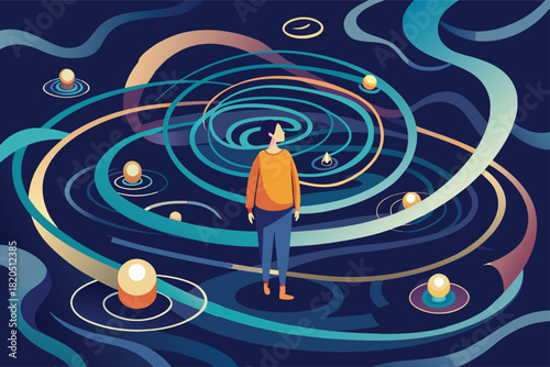 Contemplative figure standing amidst swirling abstract cosmos, pondering life's mysteries in a dreamlike state, perfect for creative concept visuals