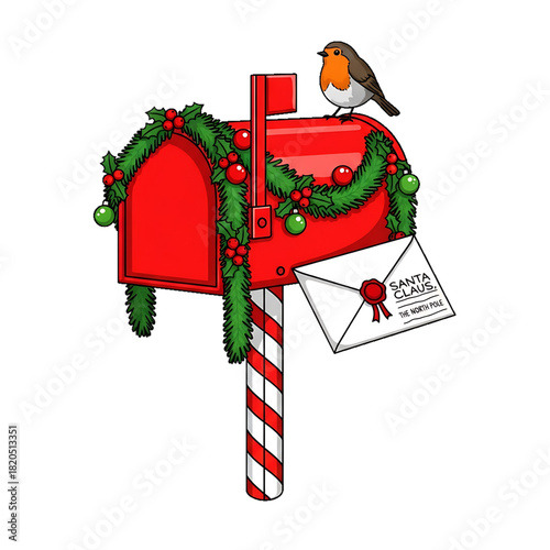 A red mailbox decorated with a wreath and a tiny bird perched on top.