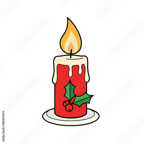 A red holiday candle with a flame and holly leaves at its base.