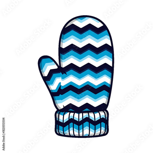 A cozy blue patterned mitten with a knitted zigzag design.