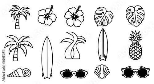 A collection of summer themed line art icons including palm trees, hibiscus flowers, surfboards, and sunglasses.