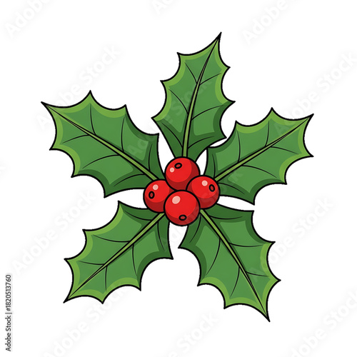 A cluster of green holly leaves with bright red berries.