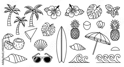 Black and white line art illustration of tropical summer vacation elements.