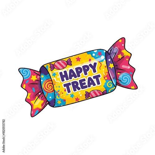 A bright wrapped candy labeled happy treat in bold colors.