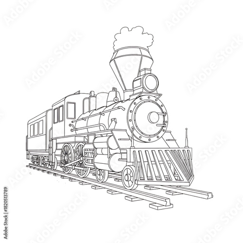 A detailed sketch-style steam train in black and white.