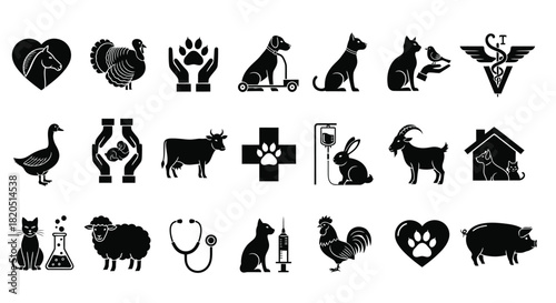 Veterinary clinic animal care pet health services vector icons set