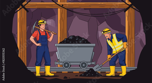Coal mining illustration underground miners working hard labor job