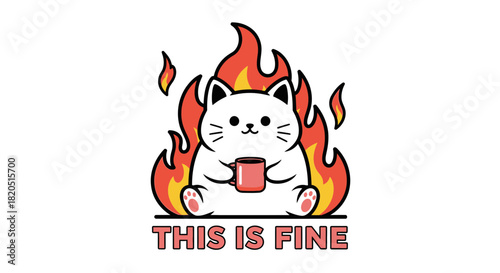 Cute cat calmly holding a mug amidst a fiery inferno, embracing chaos with a "this is fine" attitude.