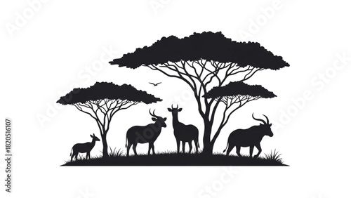 African Savanna Animals Silhouette Under Acacia Trees Landscape