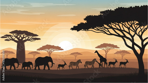 African Wildlife Silhouette Majestic Animals Under the Sunset