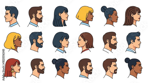 Diverse collection of illustrated human head profiles depicting various ages, genders, and ethnicities in a modern design concept