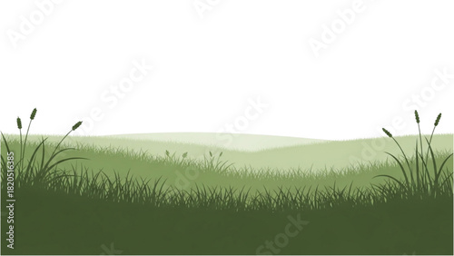 Serene Green Landscape Illustration with Lush Grassy Fields and Rolling Hills Under a Clear Sky Concept Art
