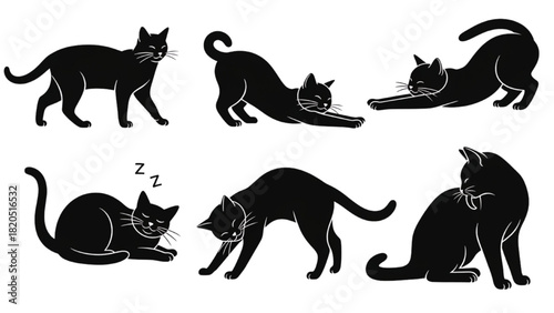 A charming collection of elegant black cat silhouettes captured in various graceful poses, perfect for feline enthusiasts