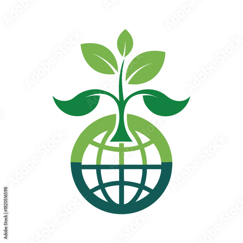Stylized globe with green sprout and leaves on white background Keywords: globe, earth, planet, sprout, plant, growth, leaves, green, nature