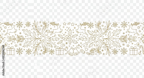 Elegant gold line art Christmas border with a seamless pattern of festive snowflakes, reindeer, and holiday decorations