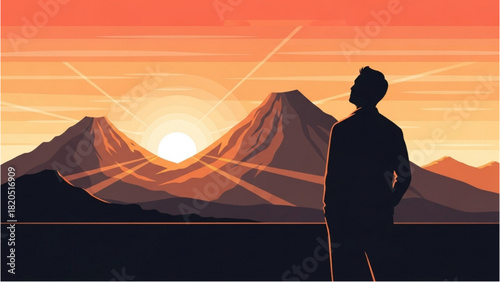 Inspired Man Watching a Vibrant Mountain Sunset, Embracing New Horizons and Personal Growth