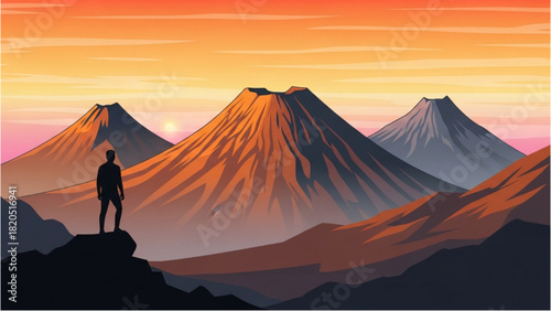 Epic Mountain Vista with a Lone Adventurer Witnessing a Spectacular Sunset Over Three Peaks