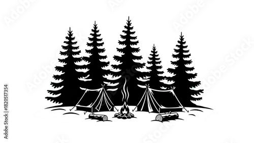 Serene nocturnal camping scene amidst towering pines, with cozy tents and crackling campfires illuminating the wilderness experience