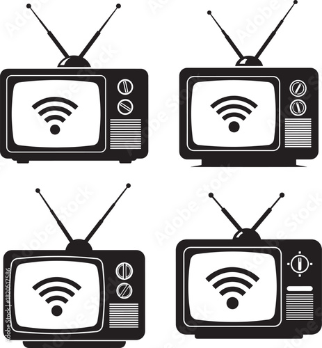 Four vintage television sets displaying wifi symbol silhouette