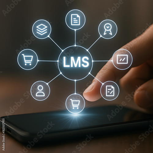 Hand interacting with LMS learning management system icons on smartphone