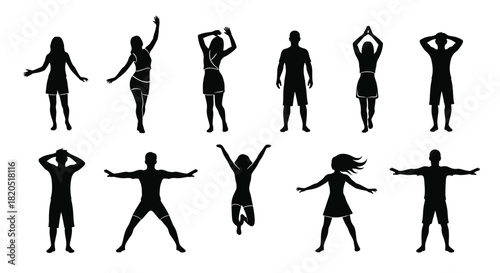 Silhouette illustrations of people in various poses on white background