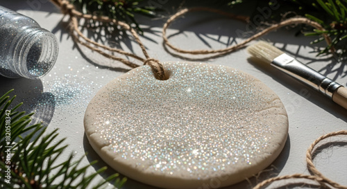 Handmade Christmas salt dough ornament with glitter on a rustic table, surrounded by pine branches, twine, and a paintbrush, capturing a festive DIY atmosphere