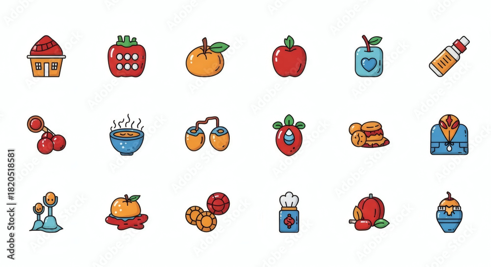 Fototapeta premium A delightful assortment of vibrant icons depicting traditional food, auspicious fruits, and cultural elements, perfect for celebrating festive occasions.