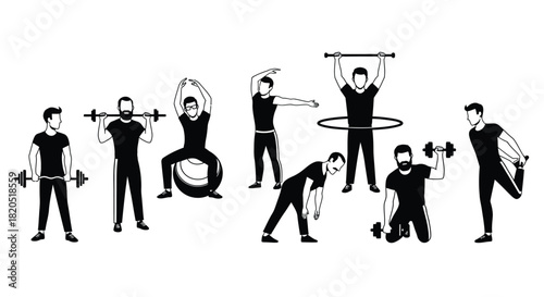 Illustration of men exercising with weights ball and hula hoop