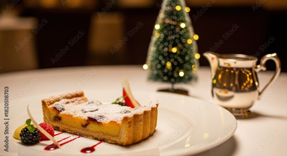 Naklejka premium Festive holiday pear tart with almond frangipane on elegant white plate, garnished with berries and sauce, beside a decorative Christmas tree and silver pitcher